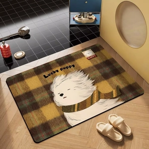 Absorbent diatomite bath mat featuring a cute cartoon dog and yellow plaid pattern