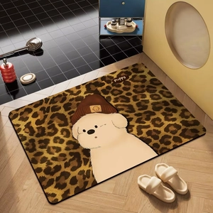 Detail of cute cartoon puppy bath mat with leopard print pattern in modern bathroom setting