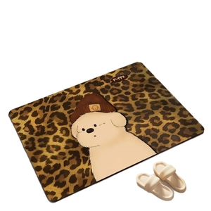 Absorbent cartoon puppy floor mat with yellow leopard print pattern for bathroom and entryway