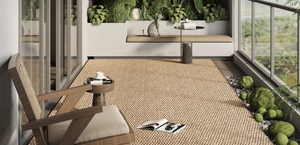 Detailed texture of sisal style woven rug with cat scratch resistance in a cozy balcony setting