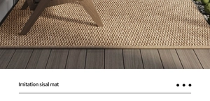 Detailed macro view of imitation sisal mat texture and woven edge on dark wood floor