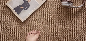Detailed top view of brown woven sisal texture rug for cozy minimalist home living room