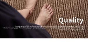 Close-up of bare feet on beige sisal-style woven carpet with a soft textured finish
