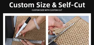 Macro detail showing how to measure and DIY cut the sisal-style mat with scissors