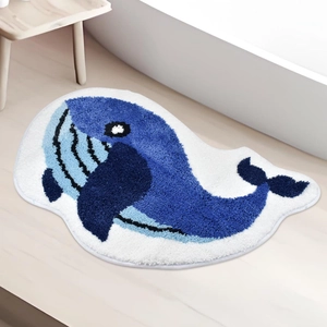 Blue whale shaped cartoon bath mat with non-slip plush texture for bathroom floor