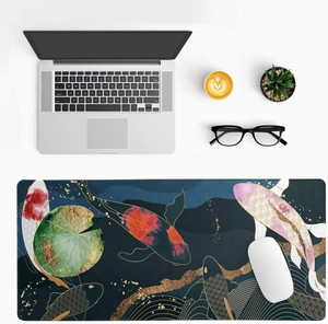 Detail of extra large koi fish desk mat with Japanese ukiyo-e art on office desk
