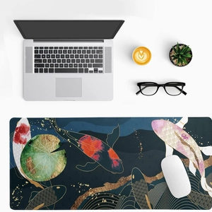 Japanese koi fish desk mat with cherry blossoms and waves on dark blue background