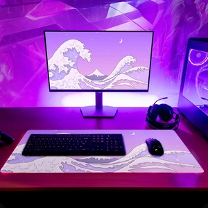 Extra large purple Great Wave mouse pad featuring Mt. Fuji and non-slip rubber base