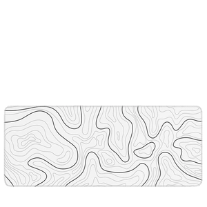 Minimalist white desk mat with black topographic contour lines and fine stitched edges