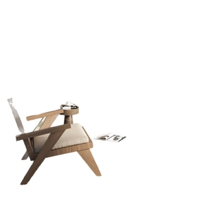 Modern V-leg solid wood armchair with cream cushion and rattan woven backrest seat