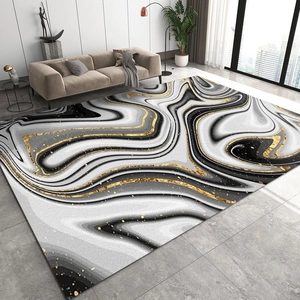 Tapis nordique moderne effet marbre avec textures dorées dans un salon de luxe minimaliste