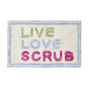 Detail of tufted bathroom rug featuring colorful LIVE LOVE SCRUB text and blue border