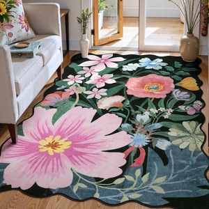 Tapis en cachemire synthétique vert avec bords festonnés et grandes fleurs roses pour salon
