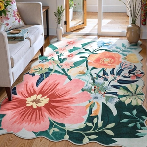 Détail d'un tapis floral épais avec imprimés de fleurs et bordures ondulées uniques