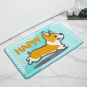 Cute corgi cartoon bathroom mat with mint green stripes and Happy lettering design