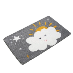 Cute cartoon sun and cloud patterned anti-slip bath mat with stars on gray plush fabric