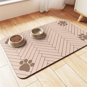 Detailed close-up of a waterproof diatom mud pet feeding mat with cute paw prints and bowls