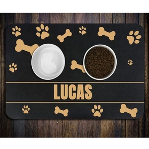 Detailed view of black diatom mud pet mat with dog bone prints and Lucas name