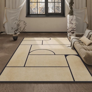 Détail d'un tapis géométrique minimaliste en cachemire synthétique avec bordure antidérapante