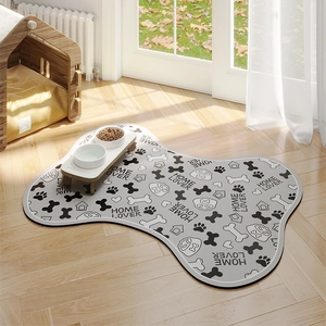 Bone-shaped quick-dry pet feeding mat with home lover pattern on wooden floor