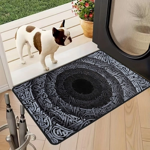 Rectangle bat doormat with abstract text pattern shown with French bulldog on wood floor