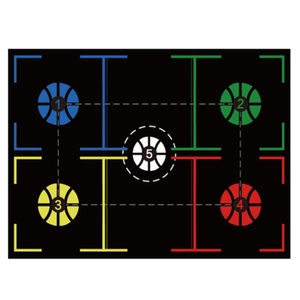 Top-down view of basketball footwork training mat with five numbered color targets