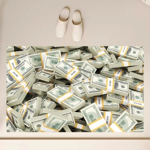 Macro shot of absorbent dollar bill patterned mat with non-slip texture and shoes