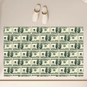 Overhead view of dollar bill pattern absorbent floor mat and white indoor slippers