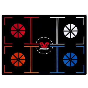 Flat view of a black basketball footwork training mat with colorful functional markings