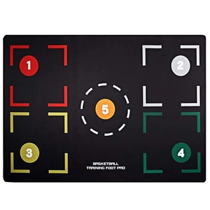 Detail of basketball footwork training mat with numbered colored spots and guide lines