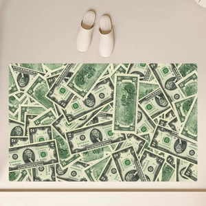 Detailed top view of a dollar bill pattern diatom mud mat with retro green aesthetics