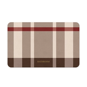 Classic checkered diatomite bath mat with red stripe and golden Bathroom text