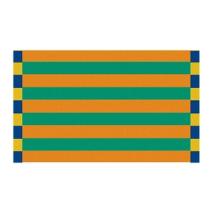 Detail of colorful absorbent bath mat with orange green stripes and checkered borders