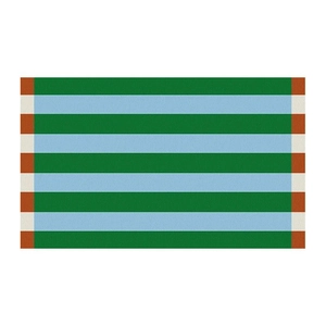 Top-down view of woven bath mat with green and blue stripes and orange checkered borders