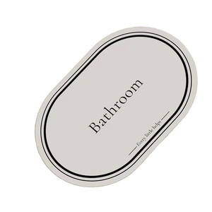 Oval light gray diatom mud bathroom mat with Bathroom text and black double border lines