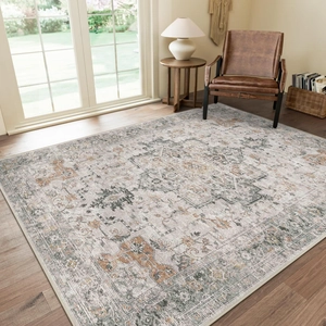 Rectangle bohemian persian style living room rug with vintage green floral pattern