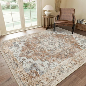 Detail of vintage Persian rug with warm orange and blue floral medallion in a cozy living room