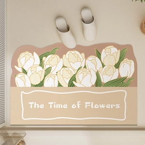 Dettaglio tappetino da bagno in diatomite floreale con tulipani e testo The Time of Flowers