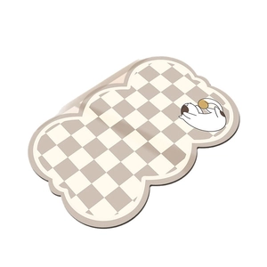 Absorbent diatomite bath mat with cream checkerboard pattern and cute cat illustration
