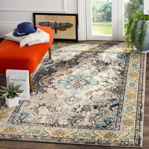 Vintage Persian style rectangular rug in beige and teal for living room and bedroom decor