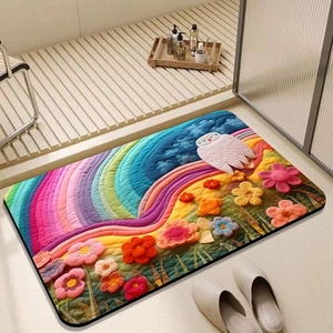 Detailed 3D floral bath mat with owl design on a light wooden bathroom floor