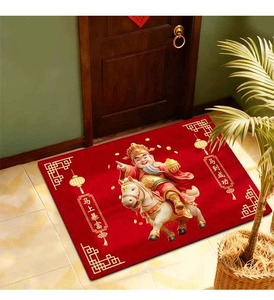 Détail du tapis rouge de l'année du cheval avec dieu de la richesse et pièces d'or