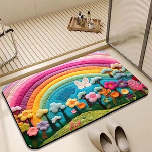 Rainbow and floral absorbent diatom mud bath mat with non-slip backing for bathrooms