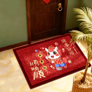 Tapis d'Entrée Rouge Cheval du Zodiaque Dessin Animé Antidérapant en Velours de Cristal pour Entrée Cuisine Salle de Bain Maison