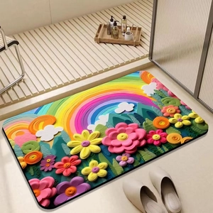 Detail of 3D floral bath mat with rainbow pattern on light wood floor with home decor