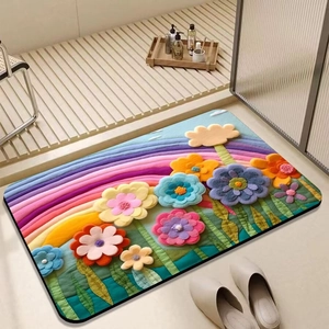 Close-up of floral diatomite bathroom mat with quick-dry texture and rainbow flower pattern