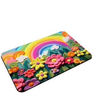 Floral diatom mud bathroom mat with 3D paper carving style rainbow and vibrant flowers