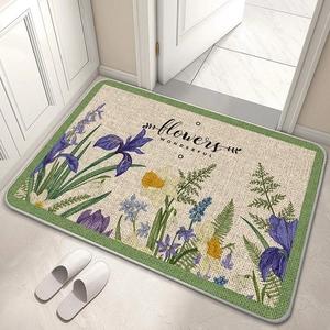Detailed texture of rectangular linen floral bath mat with anti-slip edges and flowers print