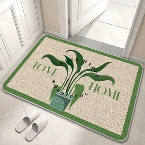 Detail of floral linen bath mat with tropical leaves and home text at door