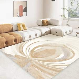 Radial abstract swirl pattern on soft faux cashmere rug in modern living room